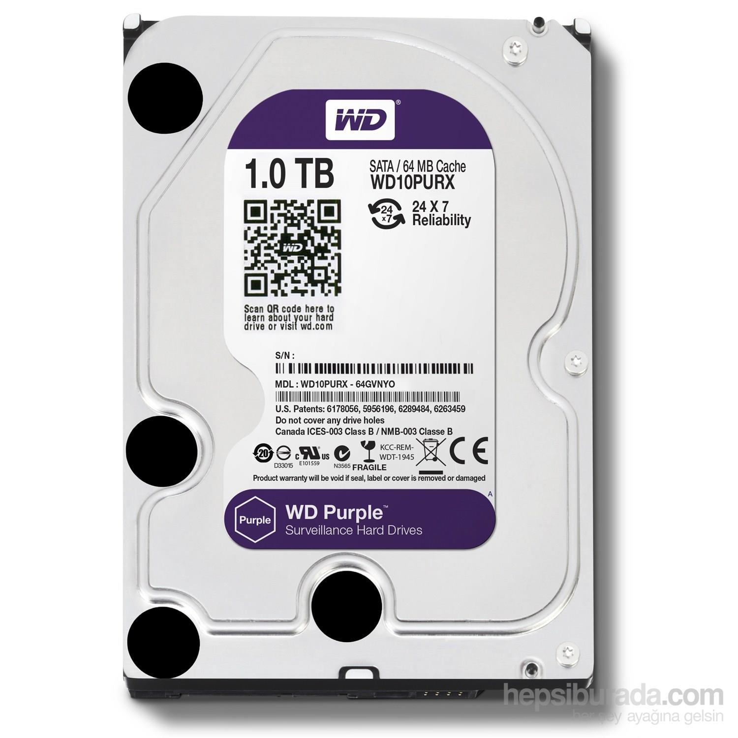 1 TB WD 3.5 PURPLE SATA3 5400RPM 64MB 7/24 GUVENLIK WD10PURZ (3 YIL RESMI DIST GARANTILI)