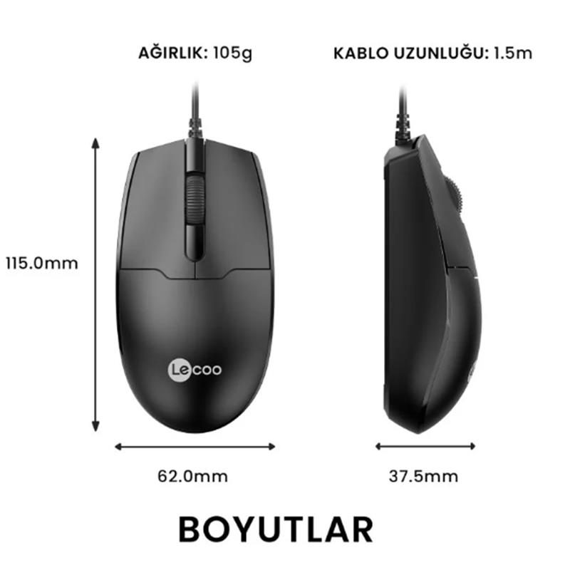 LECOO USB OPTİK KABLOLU MOUSE SİYAH MS101