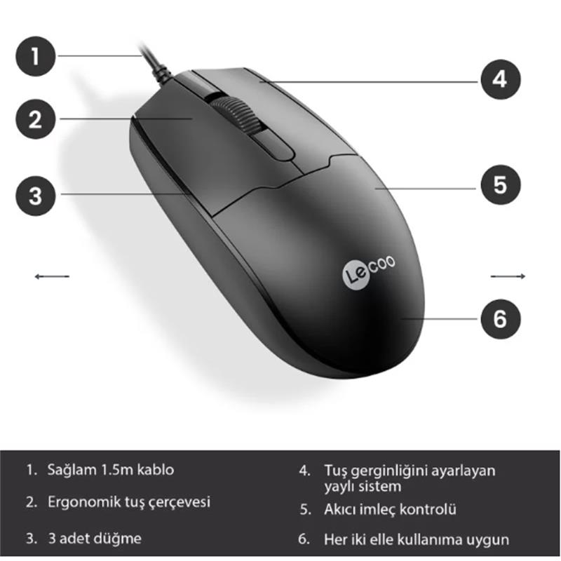 LECOO USB OPTİK KABLOLU MOUSE SİYAH MS101