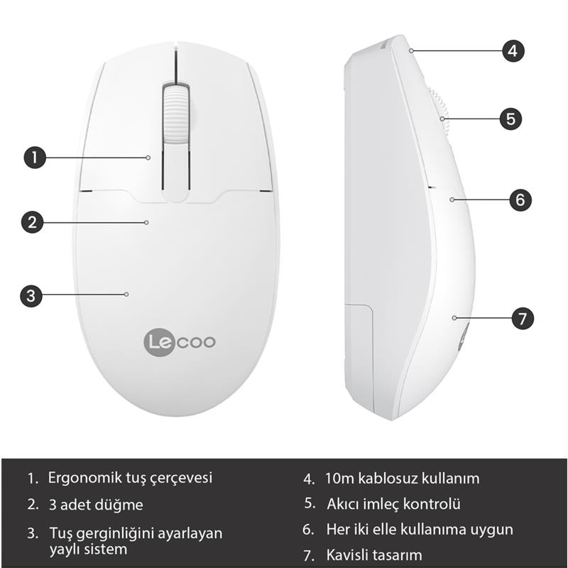 LECOO USB OPTİK KABLOSUZ MOUSE BEYAZ WS204-B