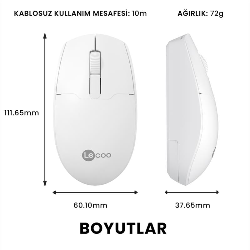 LECOO USB OPTİK KABLOSUZ MOUSE BEYAZ WS204-B