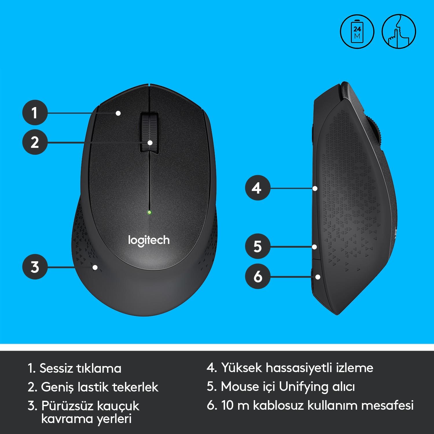 LOGITECH M330 KABLOSUZ SESSİZ USB OPTIK MOUSE SİYAH 910-004909