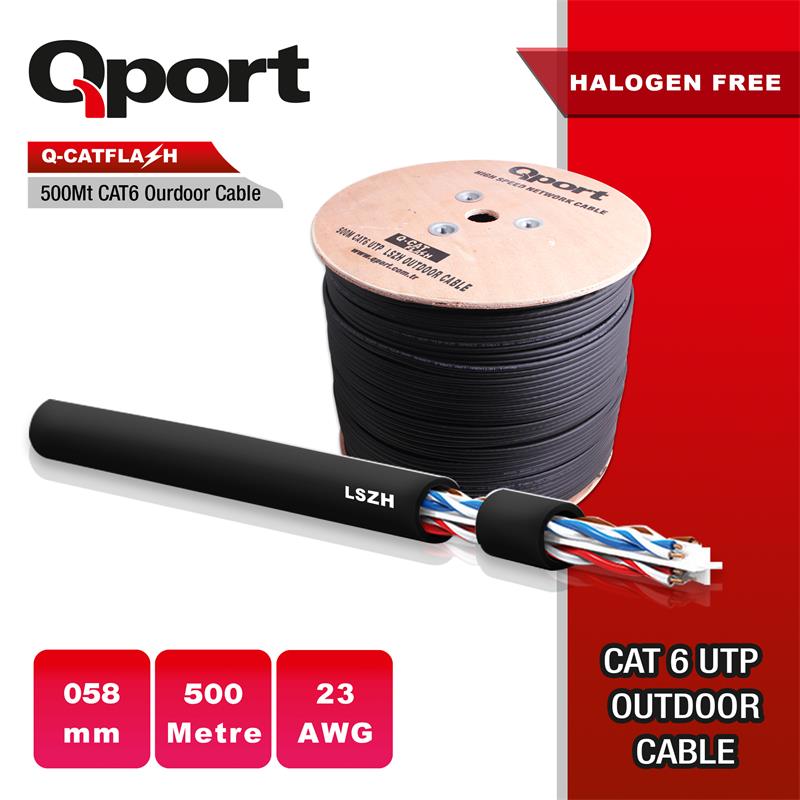 QPORT Q-CATFLASH 500 METRE LSZH CAT6 OUTDOOR 23AWG 0.58MM YANMAZ KABLO (HALOGEN FREE)