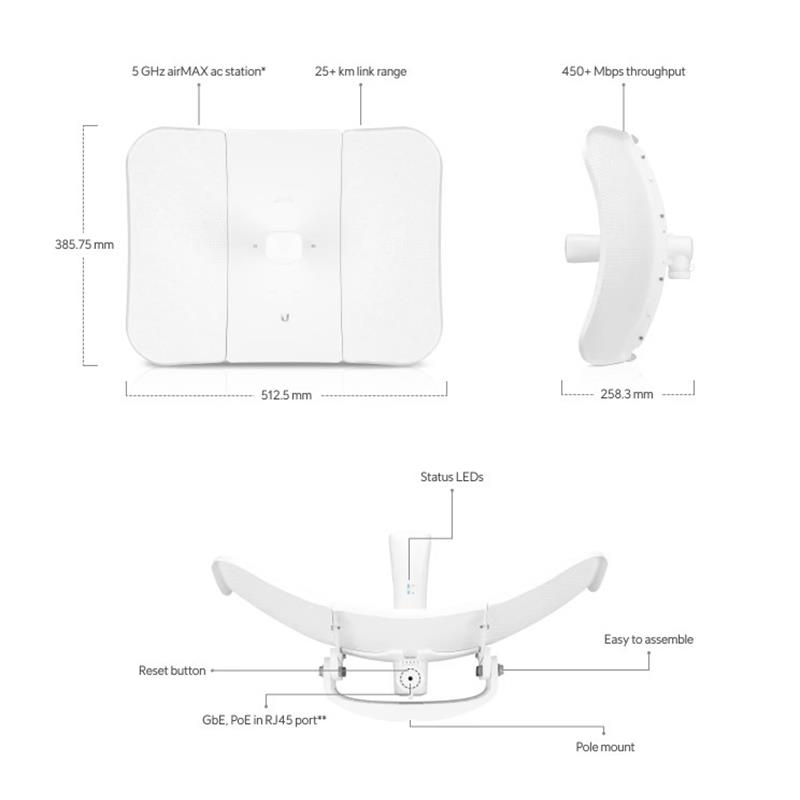 UBNT LBE-5AC-LR 5GHZ 450MBPS 2X2 MU-MIMO 20KM 26DBI PTP/PTPMP DIŞ ORTAM ACCESS POINT