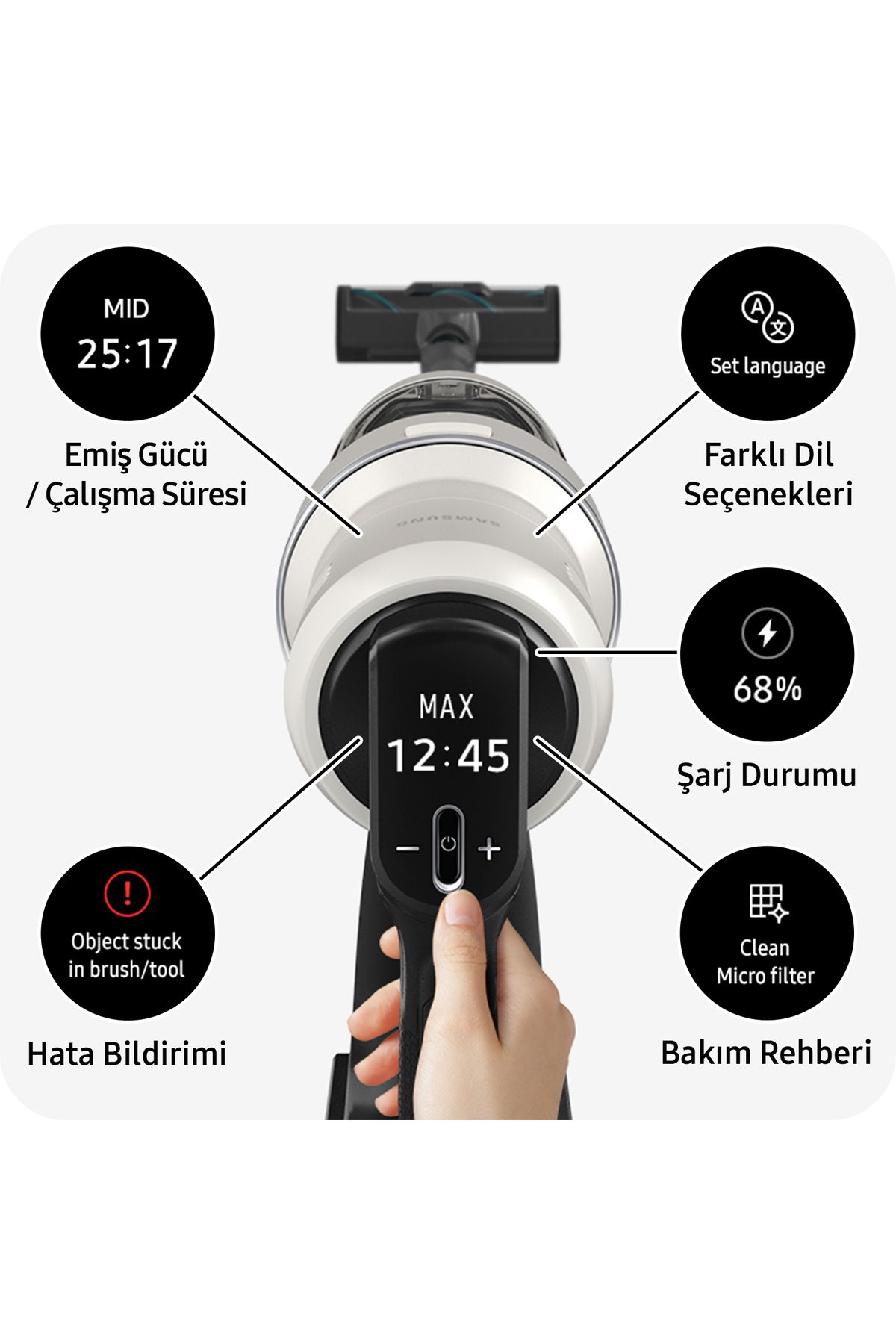 Samsung VS25C9754QG/TR Bespoke Şarjlı Dikey Süpürge, 250W Emiş Gücü, Dijital Invertör Motor